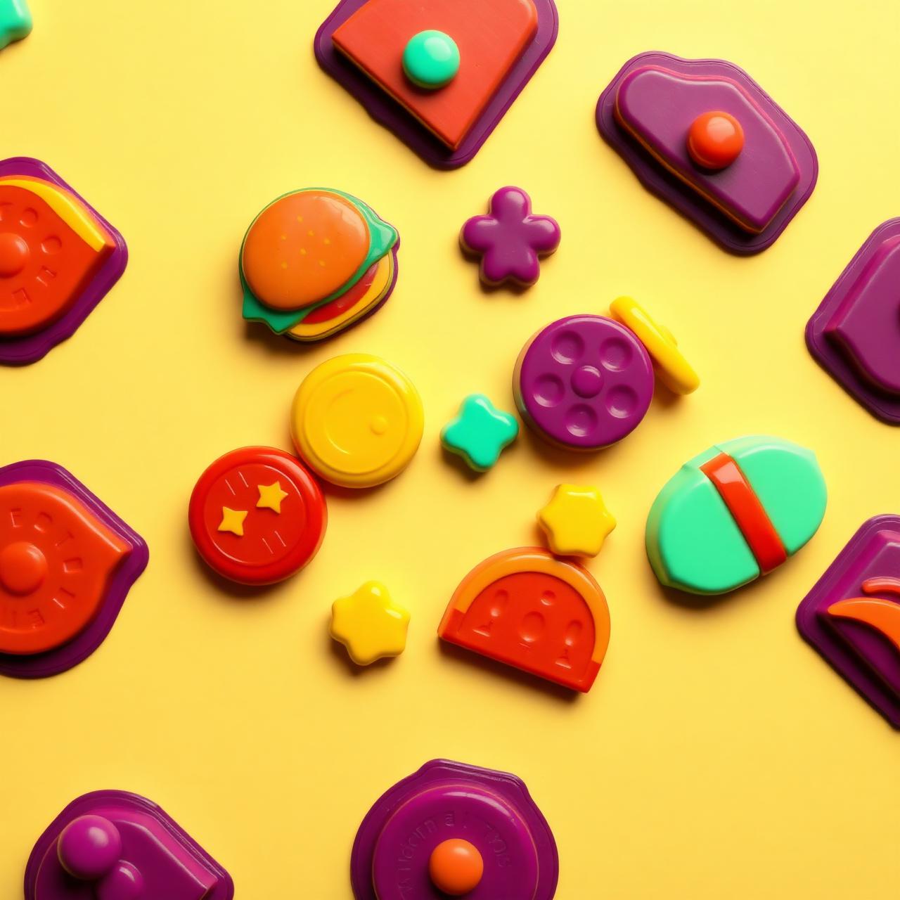 Tokens coloridos de jogo de tabuleiro com tema gastronômico